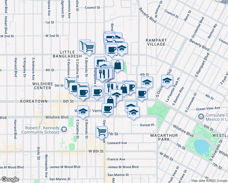 map of restaurants, bars, coffee shops, grocery stores, and more near 3863 West 6th Street in Los Angeles