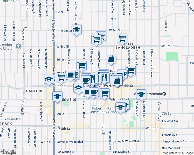 map of restaurants, bars, coffee shops, grocery stores, and more near 525 South Ardmore Avenue in Los Angeles