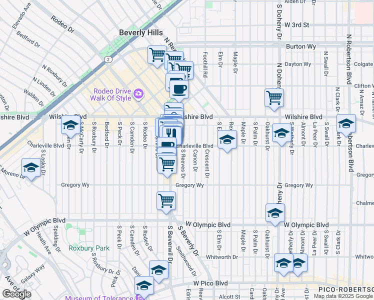 map of restaurants, bars, coffee shops, grocery stores, and more near 9433 Charleville Boulevard in Beverly Hills