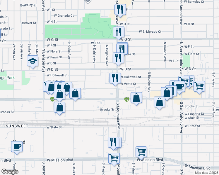 map of restaurants, bars, coffee shops, grocery stores, and more near 1134 West Stoneridge Court in Ontario