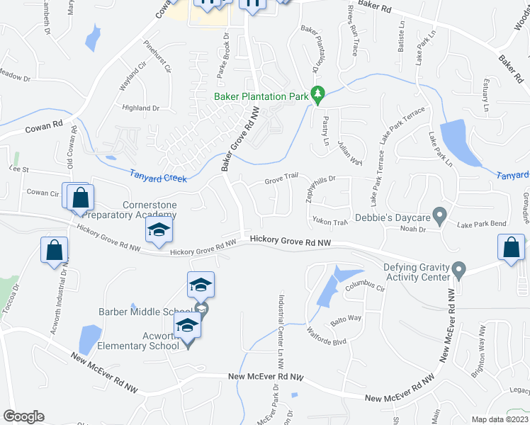 map of restaurants, bars, coffee shops, grocery stores, and more near 4432 Grove Drive Northwest in Acworth