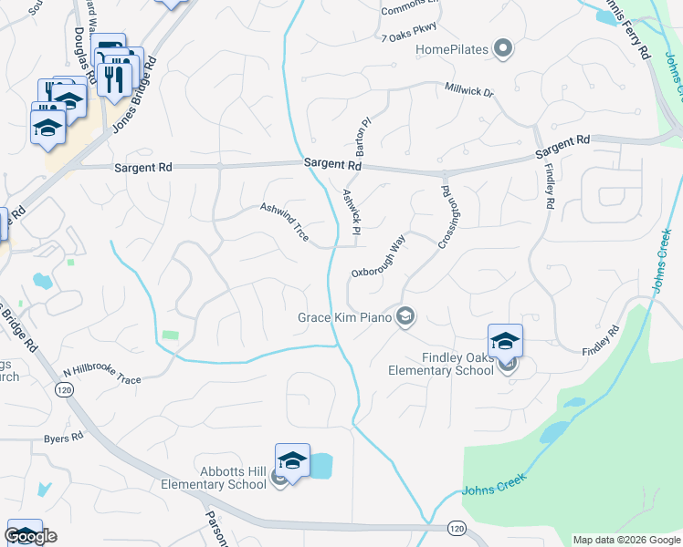 map of restaurants, bars, coffee shops, grocery stores, and more near 5600 Oxborough Way in Alpharetta