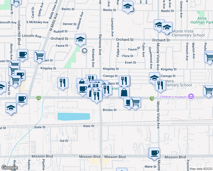 map of restaurants, bars, coffee shops, grocery stores, and more near 4524 Donner Court in Montclair