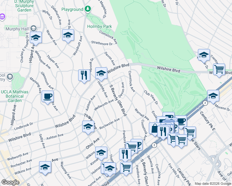 map of restaurants, bars, coffee shops, grocery stores, and more near 1253 South Beverly Glen Boulevard in Los Angeles