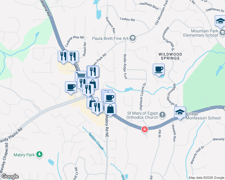 map of restaurants, bars, coffee shops, grocery stores, and more near 4801 Surrey Drive in Roswell