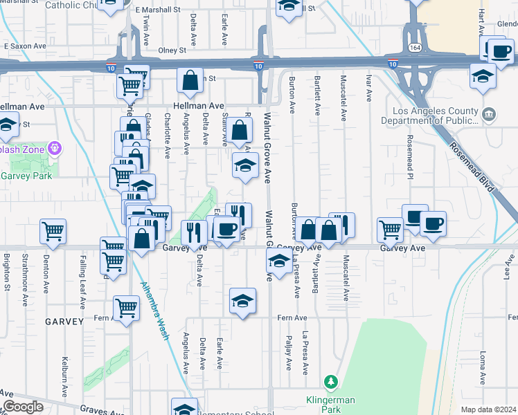 map of restaurants, bars, coffee shops, grocery stores, and more near 3119 Walnut Grove Avenue in Rosemead