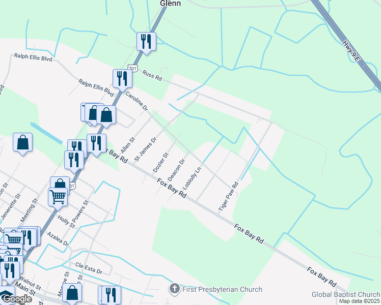 map of restaurants, bars, coffee shops, grocery stores, and more near 345 Carolina Drive in Loris