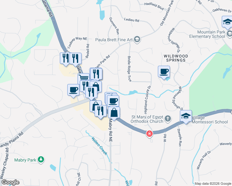 map of restaurants, bars, coffee shops, grocery stores, and more near 4801 Surrey Drive in Roswell