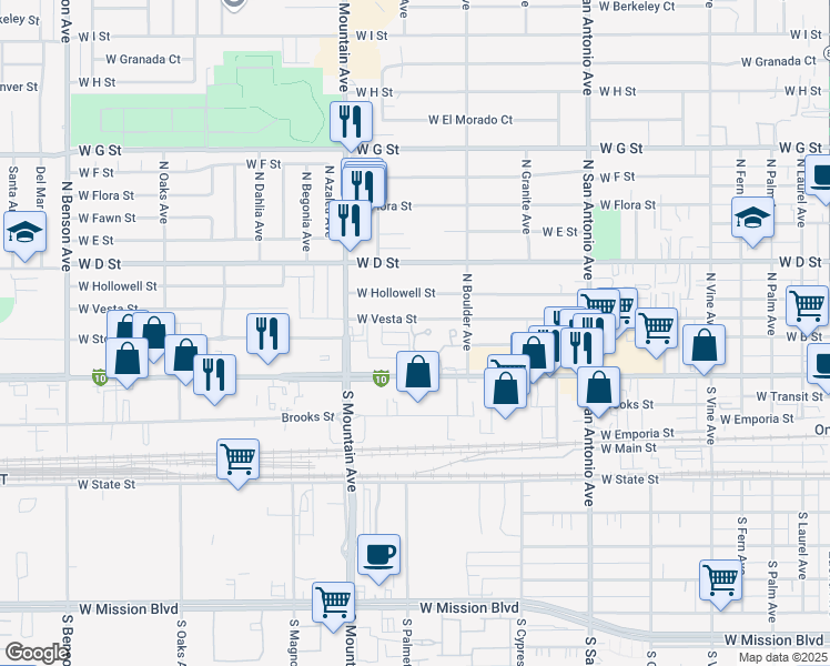 map of restaurants, bars, coffee shops, grocery stores, and more near 960 Pinyon Court in Ontario