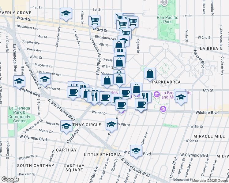 map of restaurants, bars, coffee shops, grocery stores, and more near 6122 West 6th Street in Los Angeles