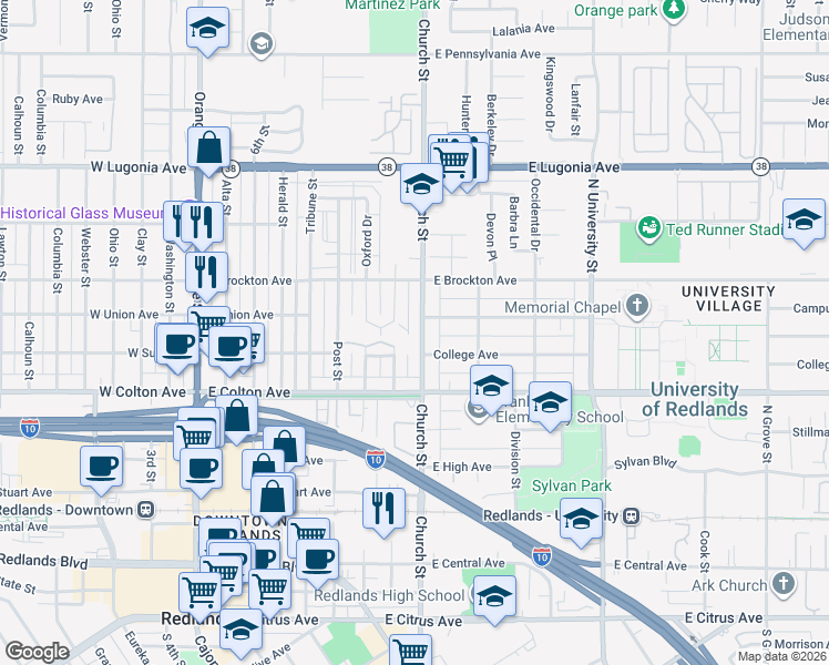 map of restaurants, bars, coffee shops, grocery stores, and more near 915 Church Street in Redlands