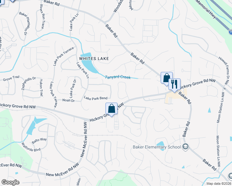 map of restaurants, bars, coffee shops, grocery stores, and more near 2650 Lake Park Bend in Acworth
