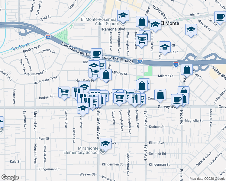 map of restaurants, bars, coffee shops, grocery stores, and more near 3109 Gage Avenue in El Monte