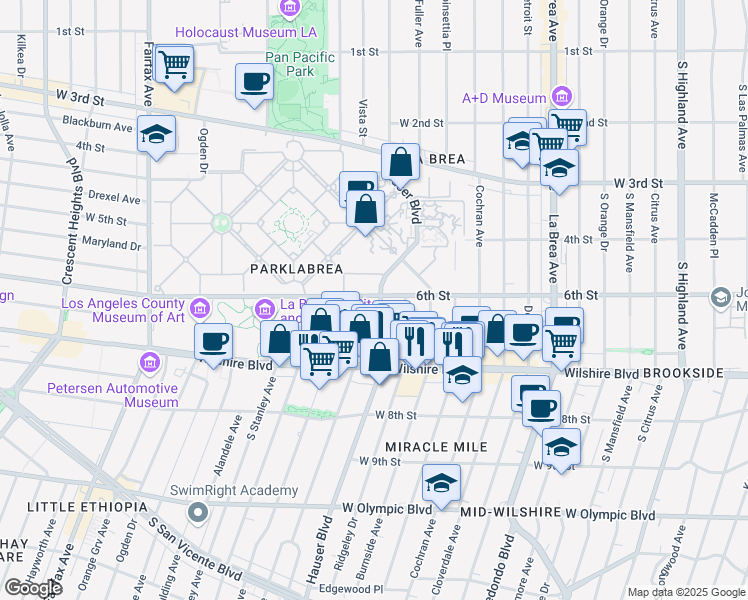 map of restaurants, bars, coffee shops, grocery stores, and more near 601 Hauser Boulevard in Los Angeles