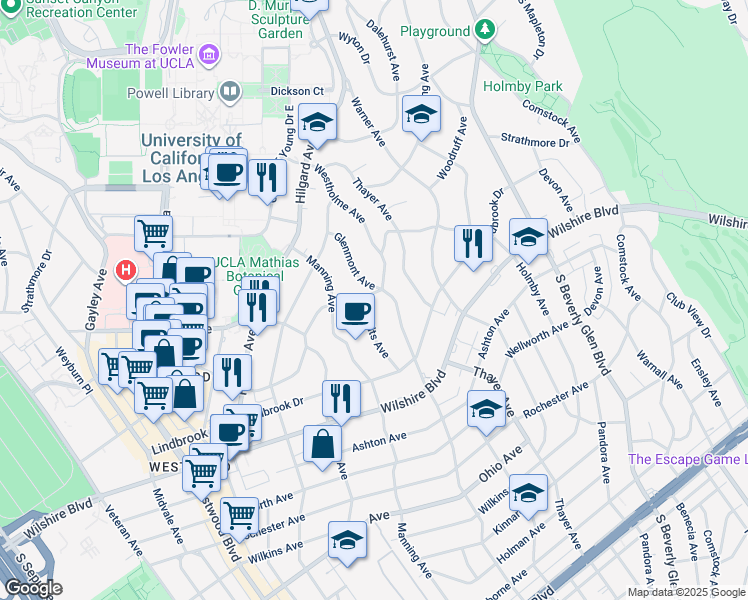 map of restaurants, bars, coffee shops, grocery stores, and more near 10614 Le Conte Avenue in Los Angeles