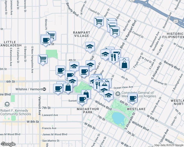 map of restaurants, bars, coffee shops, grocery stores, and more near 435 South La Fayette Park Place in Los Angeles