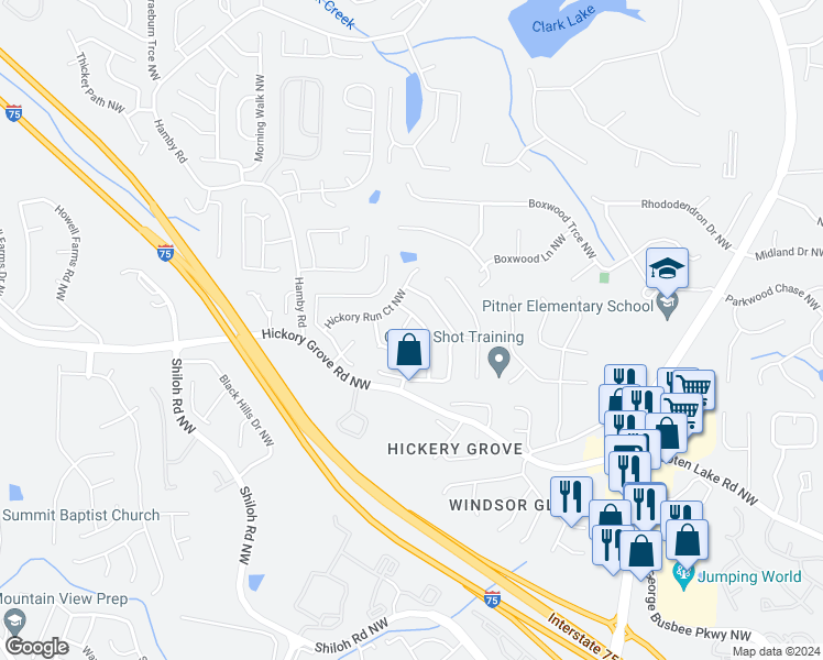 map of restaurants, bars, coffee shops, grocery stores, and more near 1902 Shadbark Court in Acworth