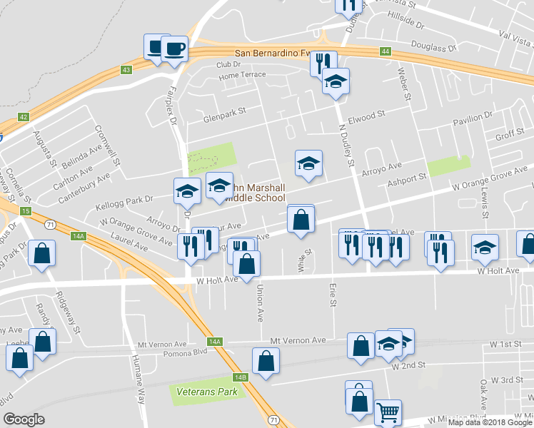 map of restaurants, bars, coffee shops, grocery stores, and more near 932 Prock Street in Pomona