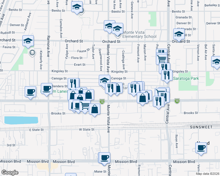 map of restaurants, bars, coffee shops, grocery stores, and more near 4929 Bandera Street in Montclair
