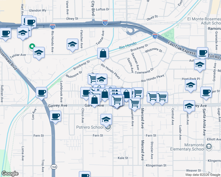 map of restaurants, bars, coffee shops, grocery stores, and more near 3069 Potrero Avenue in El Monte