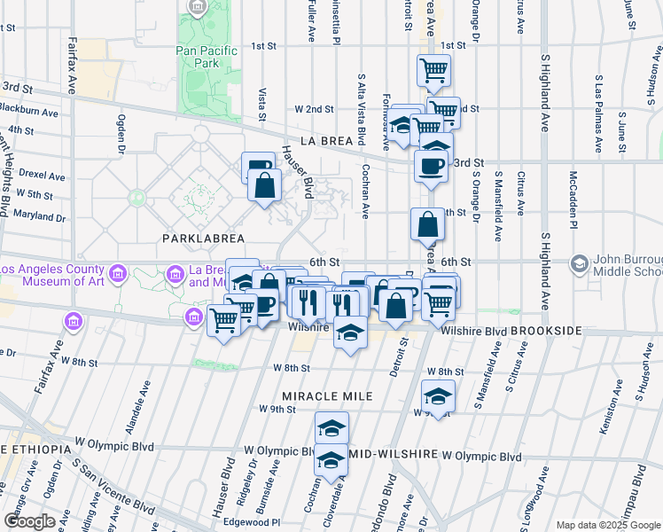 map of restaurants, bars, coffee shops, grocery stores, and more near 600 South Burnside Avenue in Los Angeles