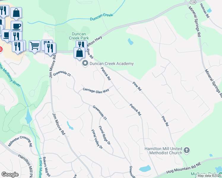map of restaurants, bars, coffee shops, grocery stores, and more near 3641 Carriage Glen Way in Dacula