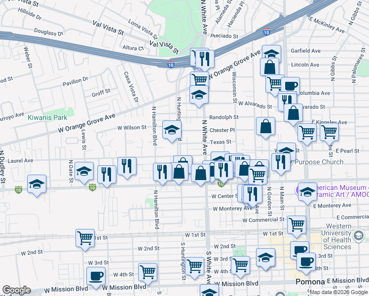 map of restaurants, bars, coffee shops, grocery stores, and more near 668 Texas Street in Pomona