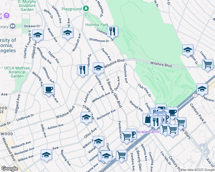 map of restaurants, bars, coffee shops, grocery stores, and more near 1277 South Beverly Glen Boulevard in Los Angeles