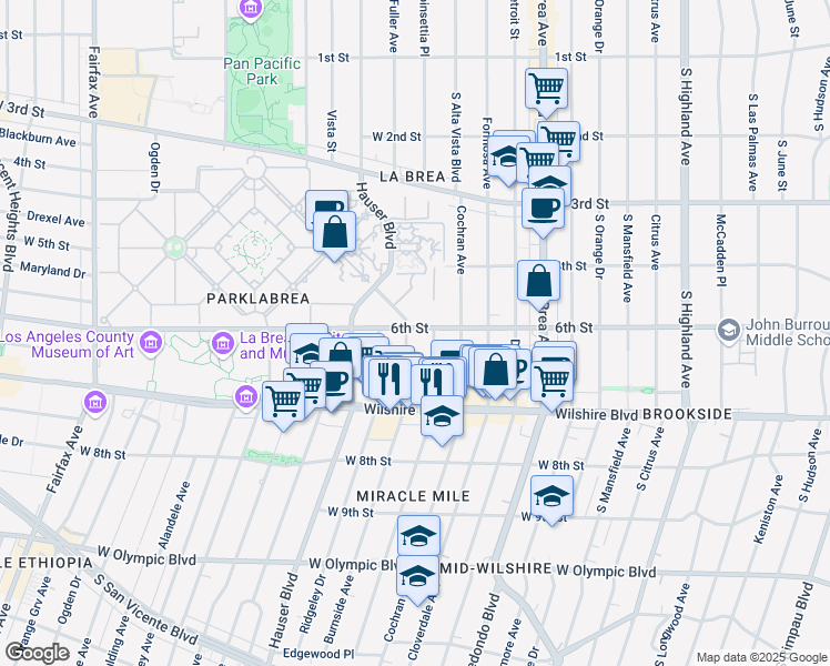 map of restaurants, bars, coffee shops, grocery stores, and more near 600 South Burnside Avenue in Los Angeles