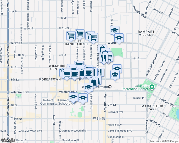map of restaurants, bars, coffee shops, grocery stores, and more near 501 South Berendo Street in Los Angeles