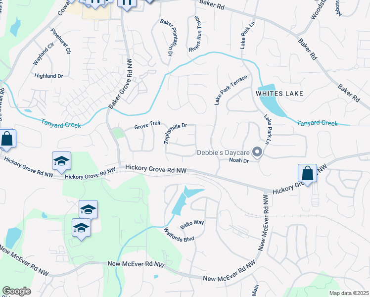 map of restaurants, bars, coffee shops, grocery stores, and more near 3150 Peartree Drive in Acworth