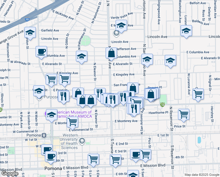 map of restaurants, bars, coffee shops, grocery stores, and more near 610 San Francisco Avenue in Pomona