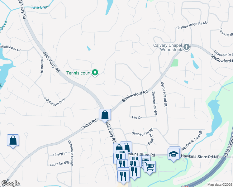 map of restaurants, bars, coffee shops, grocery stores, and more near 260 Shiloh Hills Drive Northwest in Kennesaw