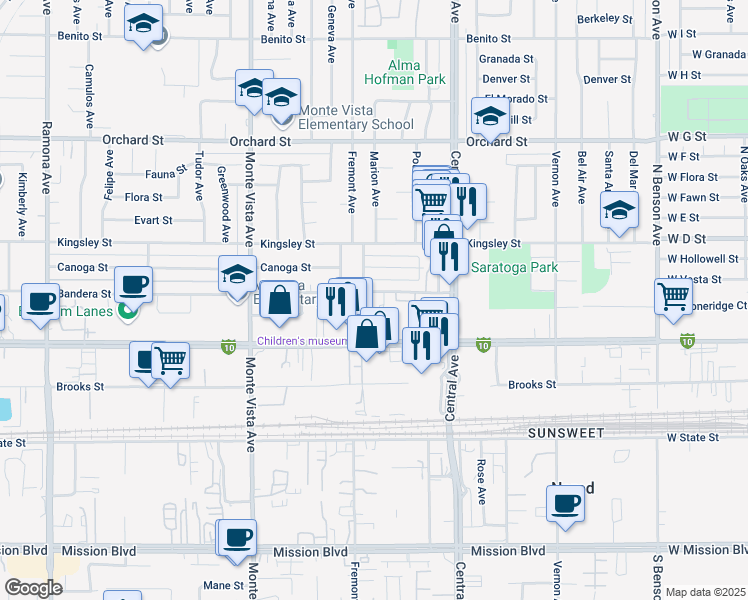 map of restaurants, bars, coffee shops, grocery stores, and more near 5125 Bandera Street in Montclair