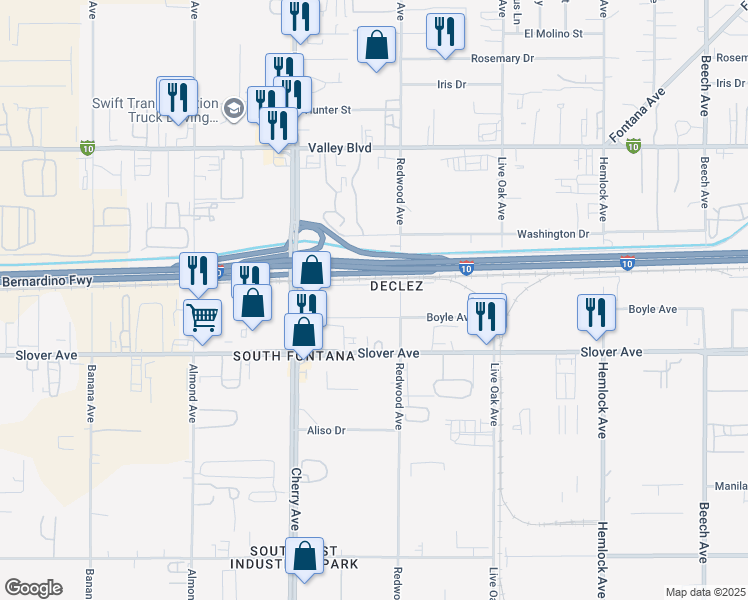 map of restaurants, bars, coffee shops, grocery stores, and more near 14650 Boyle Avenue in Fontana