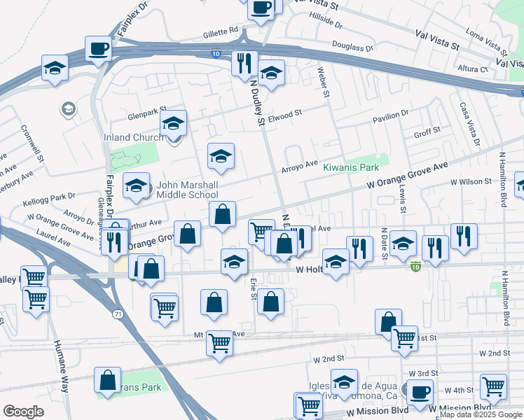 map of restaurants, bars, coffee shops, grocery stores, and more near 1531 West Orange Grove Avenue in Pomona