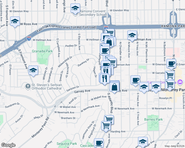 map of restaurants, bars, coffee shops, grocery stores, and more near 2404 Wetherhead Drive in Alhambra