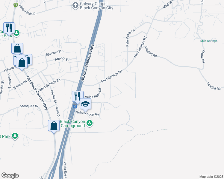 map of restaurants, bars, coffee shops, grocery stores, and more near 34495 Road Runner Circle in Black Canyon City