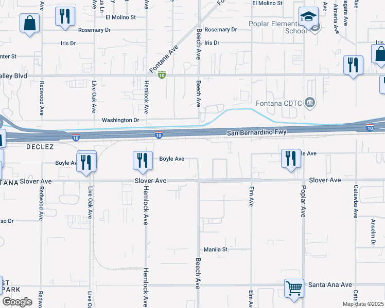 map of restaurants, bars, coffee shops, grocery stores, and more near 15278 Boyle Avenue in Fontana