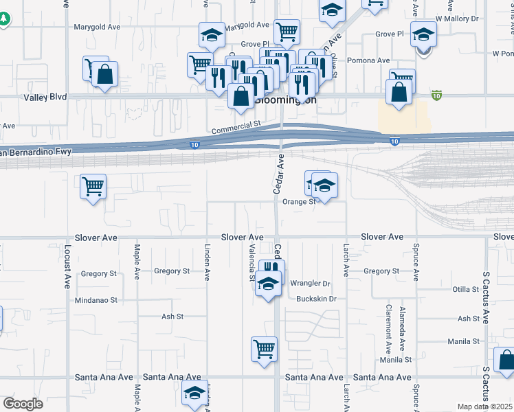 map of restaurants, bars, coffee shops, grocery stores, and more near 18639 Orange Street in Bloomington