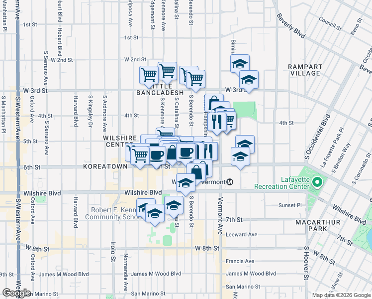 map of restaurants, bars, coffee shops, grocery stores, and more near 525 South Berendo Street in Los Angeles