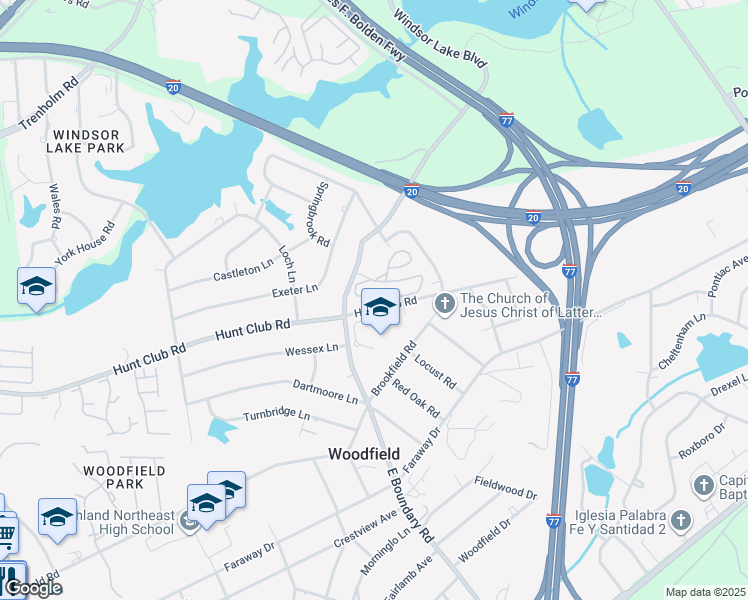 map of restaurants, bars, coffee shops, grocery stores, and more near 8720 Windsor Lake Boulevard in Columbia