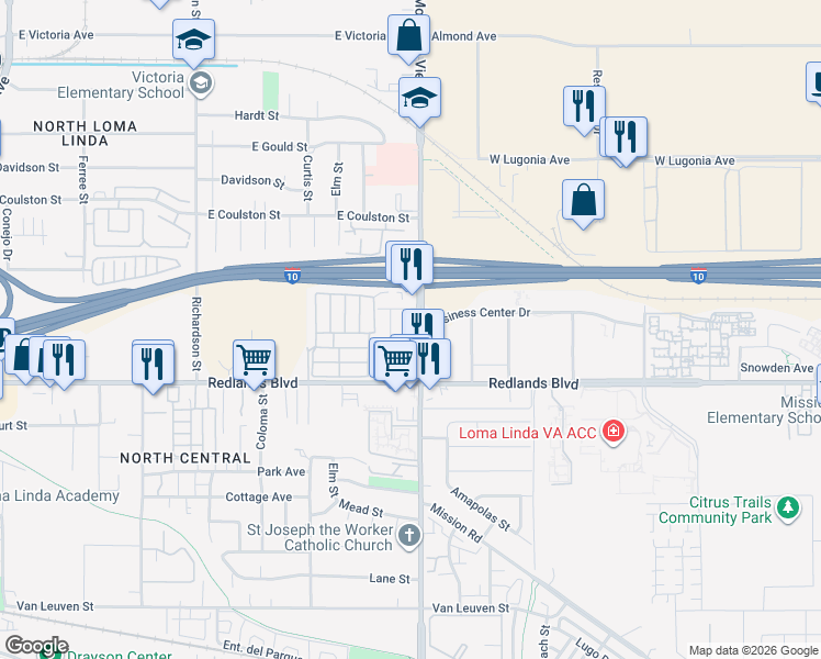 map of restaurants, bars, coffee shops, grocery stores, and more near 10385 Spade Drive in Loma Linda