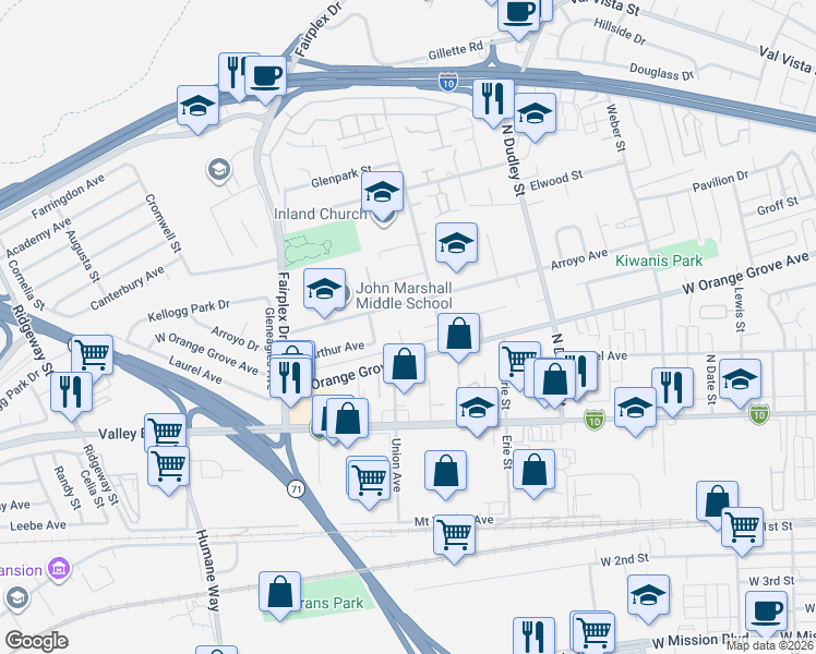 map of restaurants, bars, coffee shops, grocery stores, and more near 932 Prock Street in Pomona