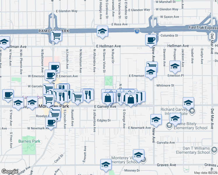 map of restaurants, bars, coffee shops, grocery stores, and more near 225 North Rural Drive in Monterey Park
