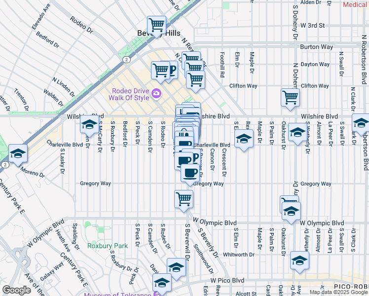 map of restaurants, bars, coffee shops, grocery stores, and more near 9464 Charleville Boulevard in Beverly Hills
