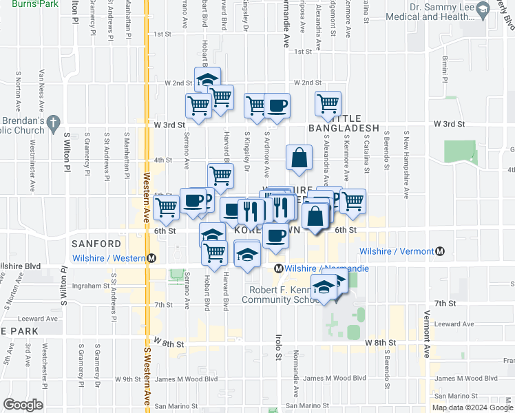 map of restaurants, bars, coffee shops, grocery stores, and more near 525 South Ardmore Avenue in Los Angeles