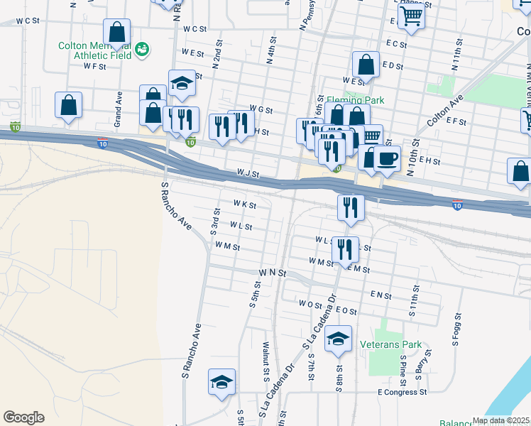 map of restaurants, bars, coffee shops, grocery stores, and more near 420 West K Street in Colton