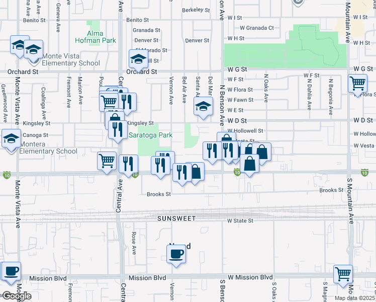 map of restaurants, bars, coffee shops, grocery stores, and more near 5570 Bandera Street in Montclair