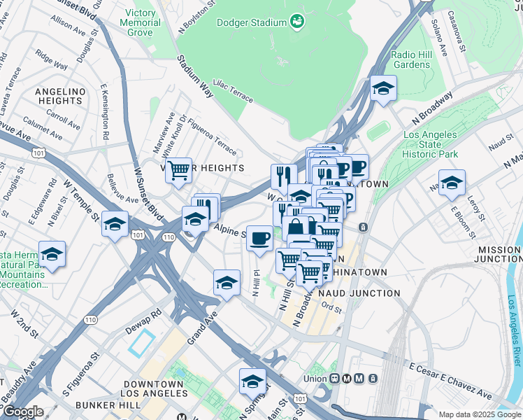 map of restaurants, bars, coffee shops, grocery stores, and more near 877 North Bunker Hill Avenue in Los Angeles